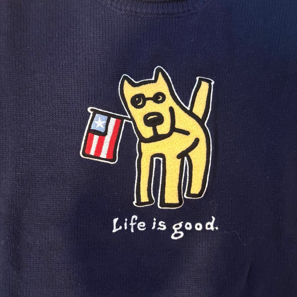 Americana Coastal Grandmother Life Is Good Patriotic Dog Knit Sweater Navy Sz L - Picture 3 of 7